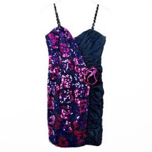 Bari Jay Sequined Ruched Mini Dress Women's Size 9-10 Vintage 80s Prom Evening